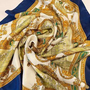 Soft Fabric Scarf Navy and Gold Castles Roman Ornate Design